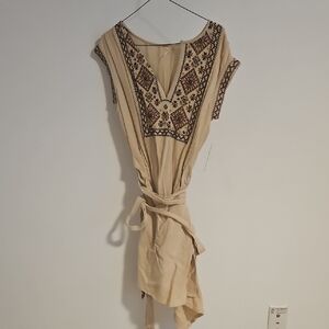 Free People Beige Embroidered Khaki Combo V-Neck Tie-Waist Midi Dress S/p New